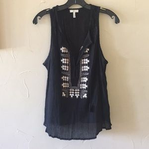 Black, linen feel tank top with gold embroidery